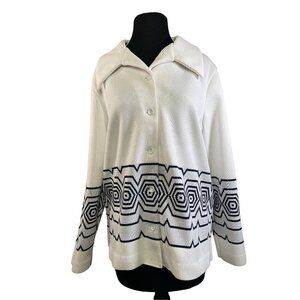 Vintage Womens Knitted Cardigan White Blue Geometric Pattern Button Front Size L